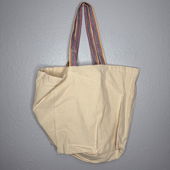 NWT Poshmark "Shop Secondhand " tote bag cream color with/rainbow striped straps - Picture 4 of 7